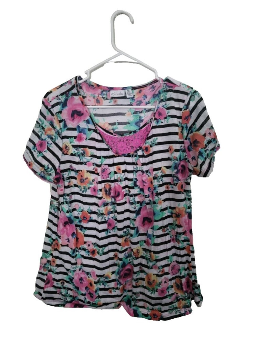 Kim Rogers Petite PXL Floral Striped Top Pink Lace Short Sleeve